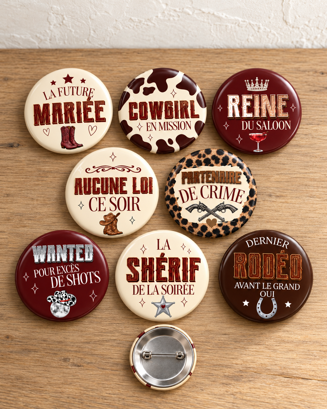 Lot de 8 badges EVJF Cowgirl Western sur bois clair