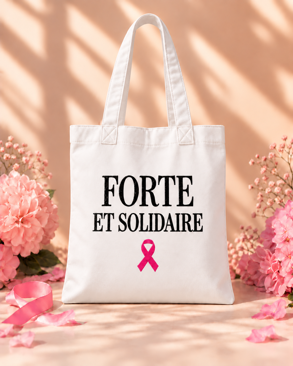 Tote bag blanc Forte et Solidaire velours, format réel 38 × 42 cm