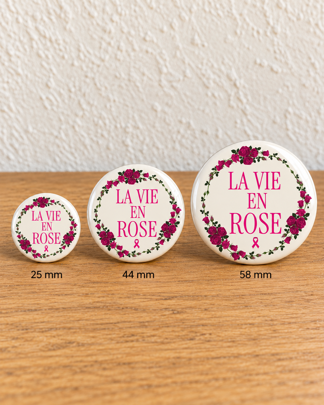 La vie en rose – couronne de roses — comparaison 25 mm, 44 mm et 58 mm