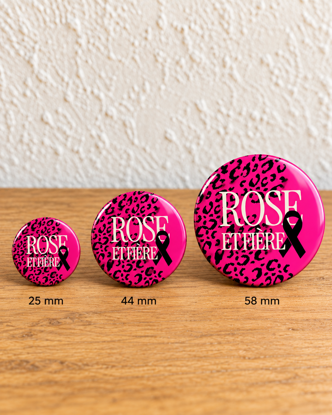 Rose et fière – léopard — comparaison 25 mm, 44 mm et 58 mm