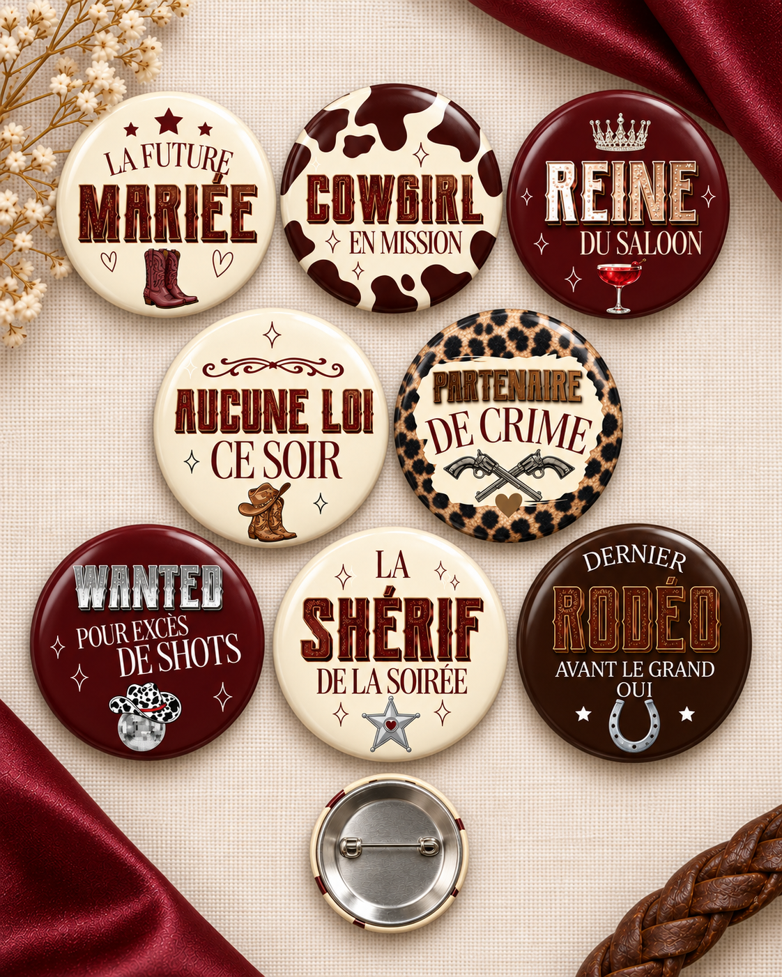 Badges EVJF Cowgirl Western – Lot de 8 badges épingle "Aucune Loi Ce Soir" – Enterrement de Vie de Jeune Fille