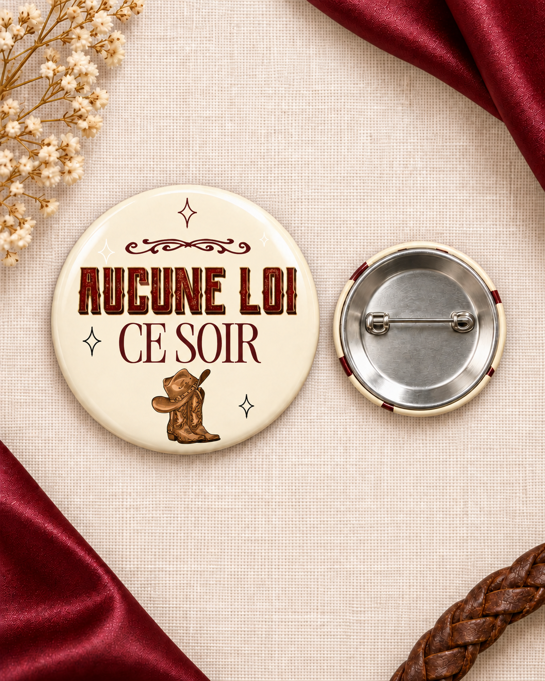 Badges EVJF Cowgirl Western – Lot de 8 badges épingle "Aucune Loi Ce Soir" – Enterrement de Vie de Jeune Fille