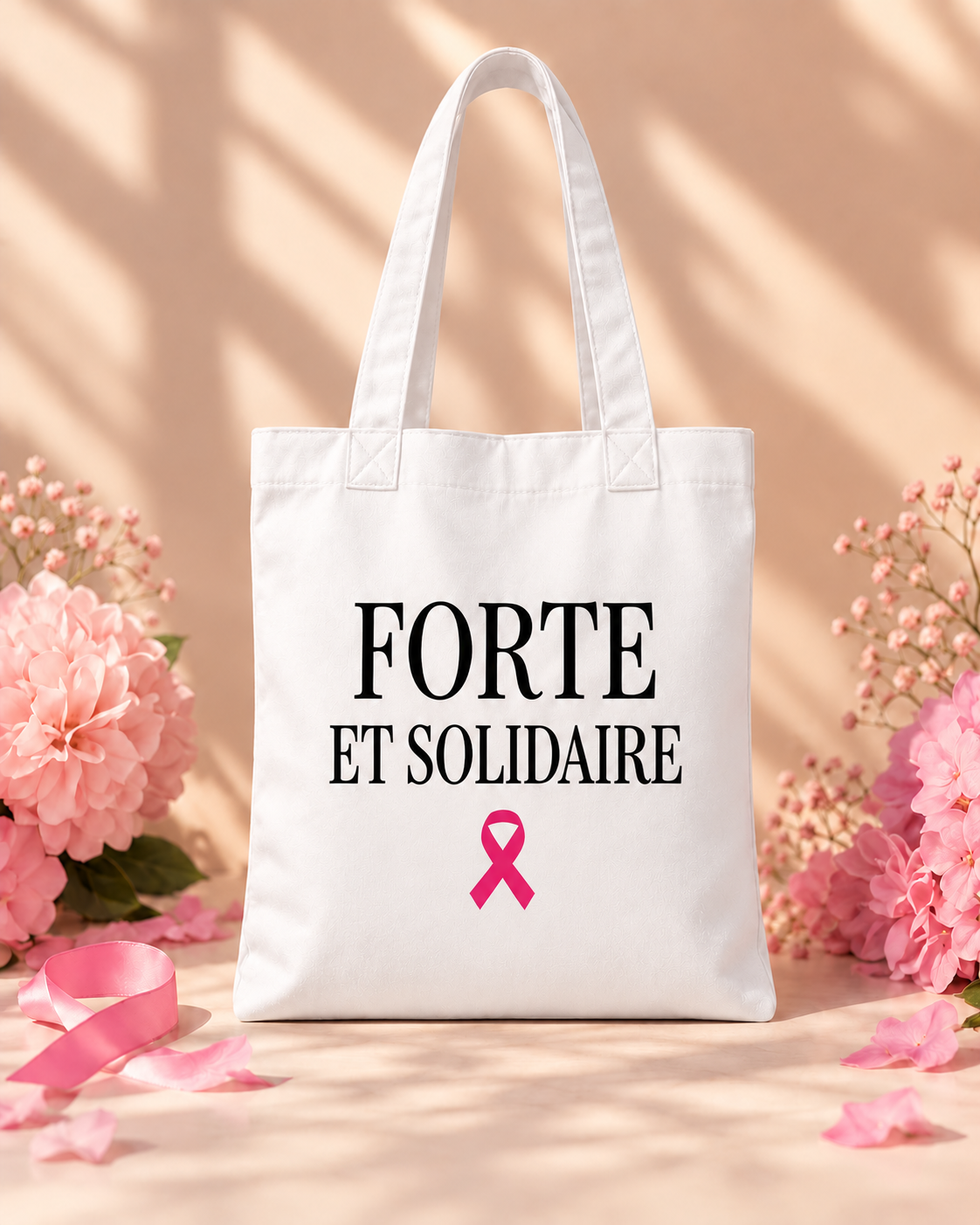 Tote bag blanc Forte et Solidaire basique, format réel 38 × 42 cm