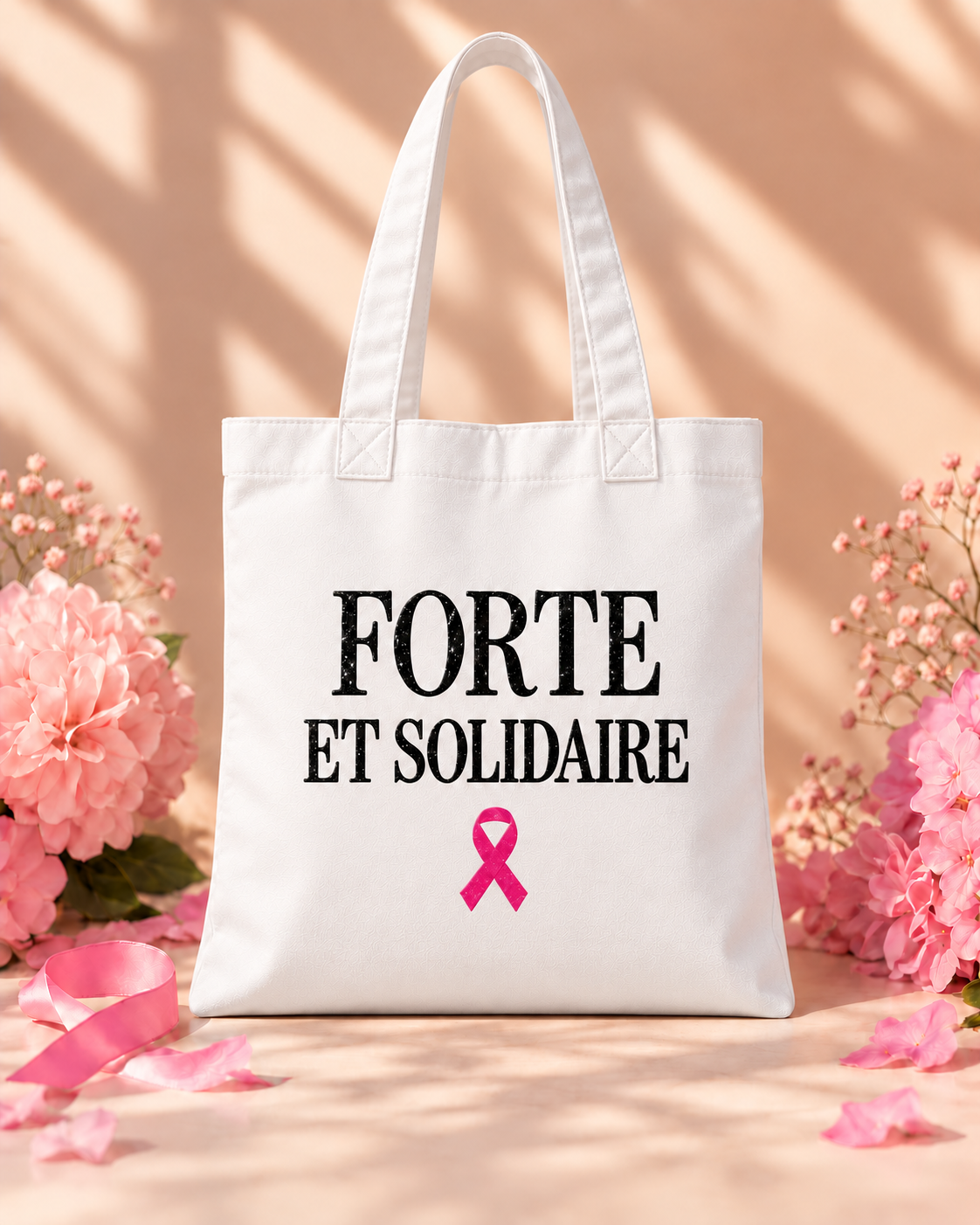 Tote bag blanc Forte et Solidaire paillettes blanches, format réel 38 × 42 cm