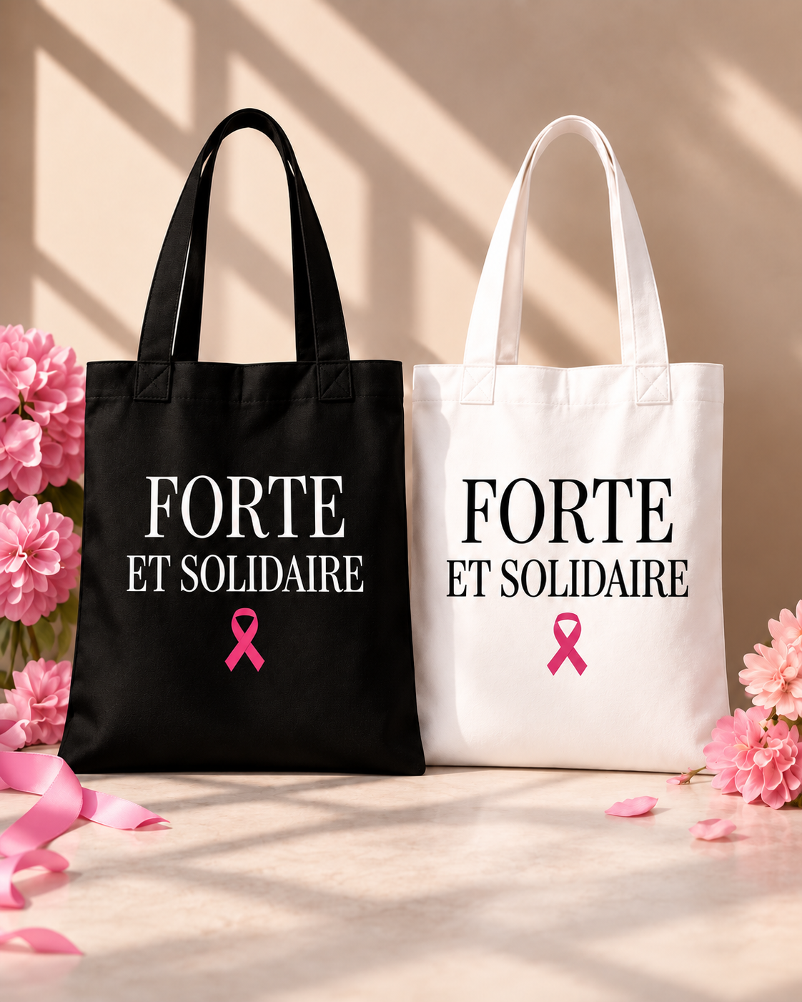 Duo de tote bags noir et blanc Forte et Solidaire, format réel 38 × 42 cm