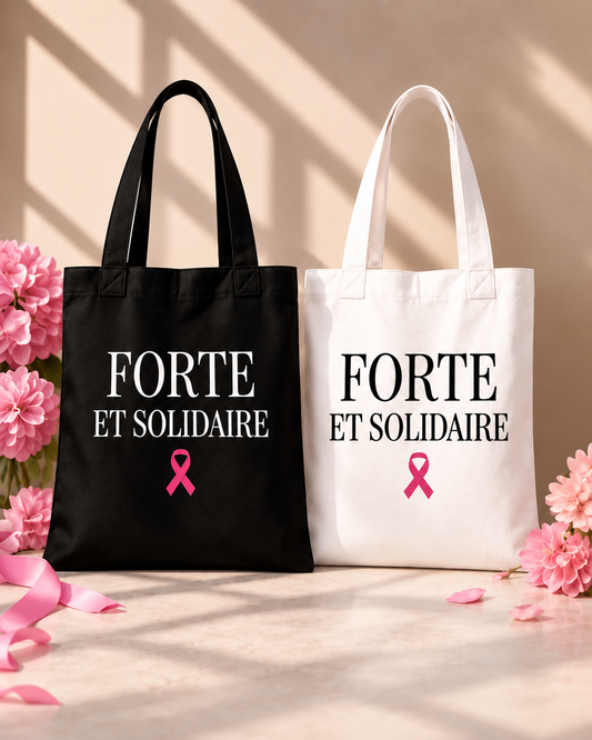 Duo de tote bags noir et blanc Forte et Solidaire, format réel 38 × 42 cm