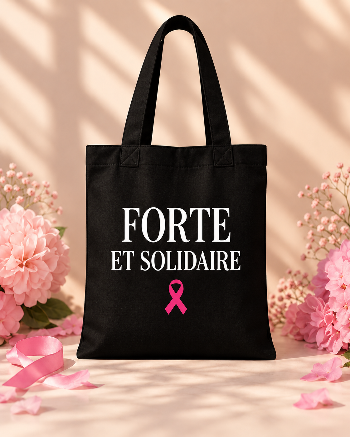 Tote bag noir Forte et Solidaire basique, format réel 38 × 42 cm