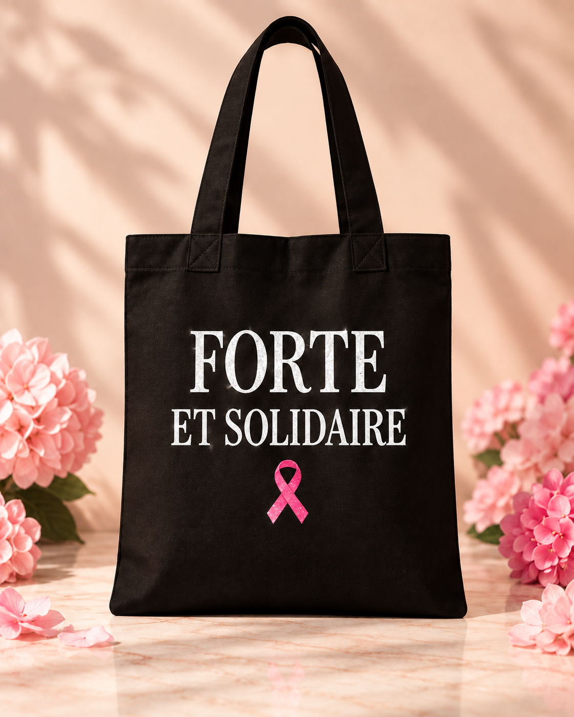 Tote bag noir Forte et Solidaire paillettes blanches, format réel 38 × 42 cm
