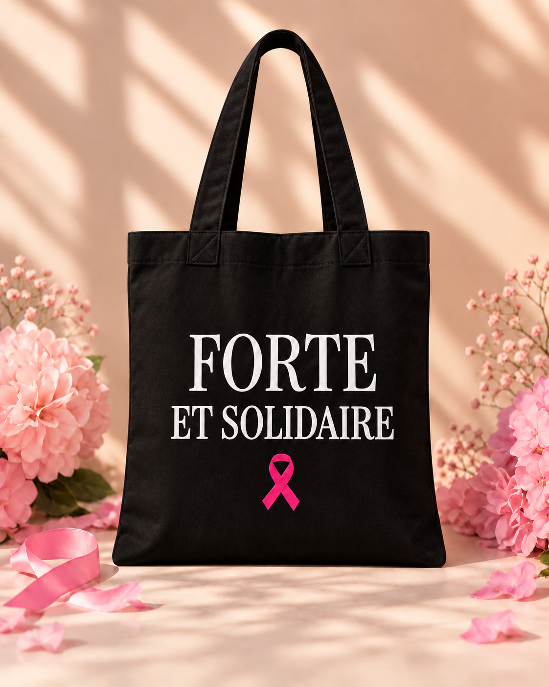 Tote bag noir Forte et Solidaire velours, format réel 38 × 42 cm