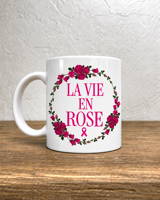 Mug La vie en rose sur fond blanc – avant, anse à gauche