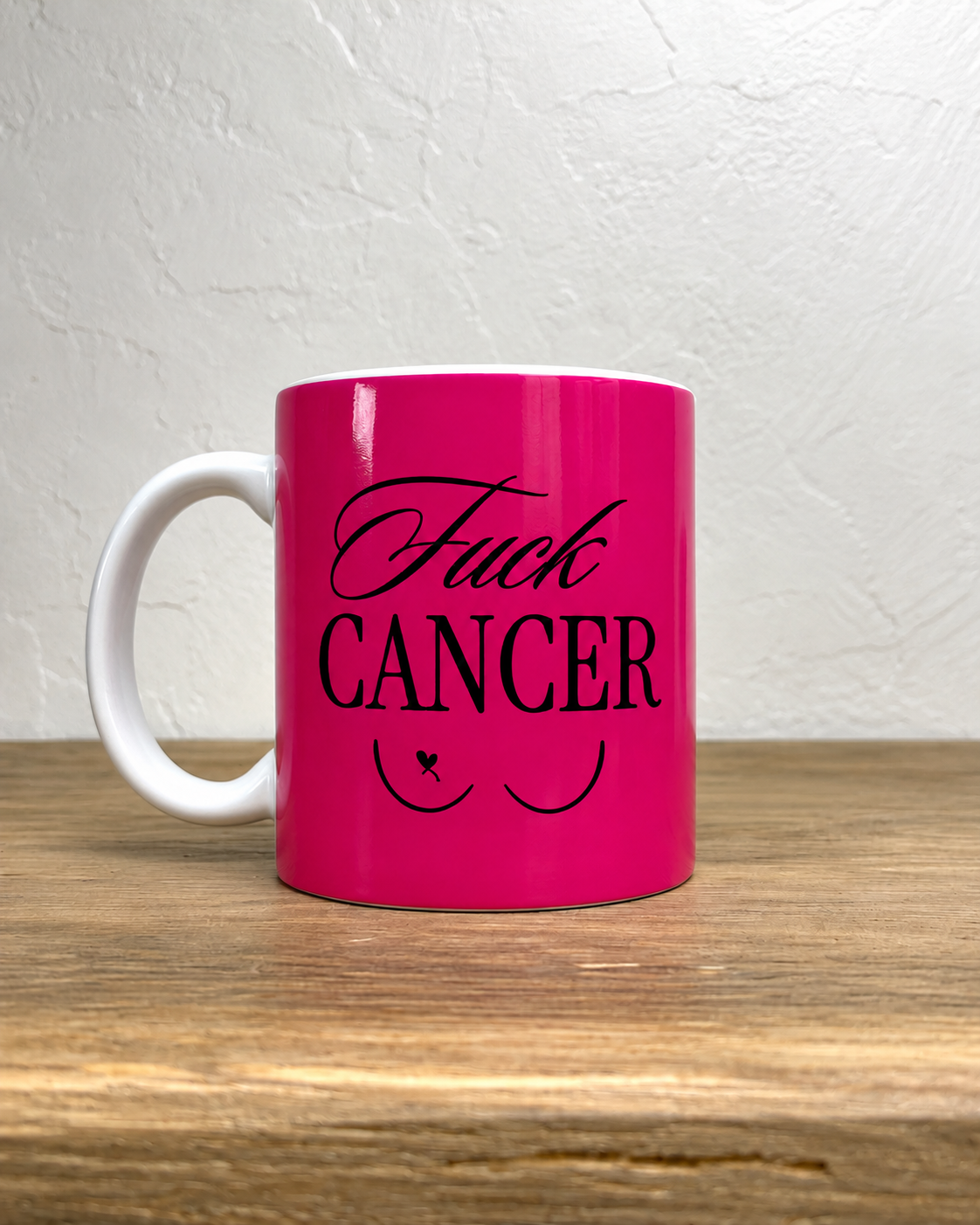 Mug en céramique 330ml, Fuck Cancer – Octobre Rose – face avant, anse à gauche