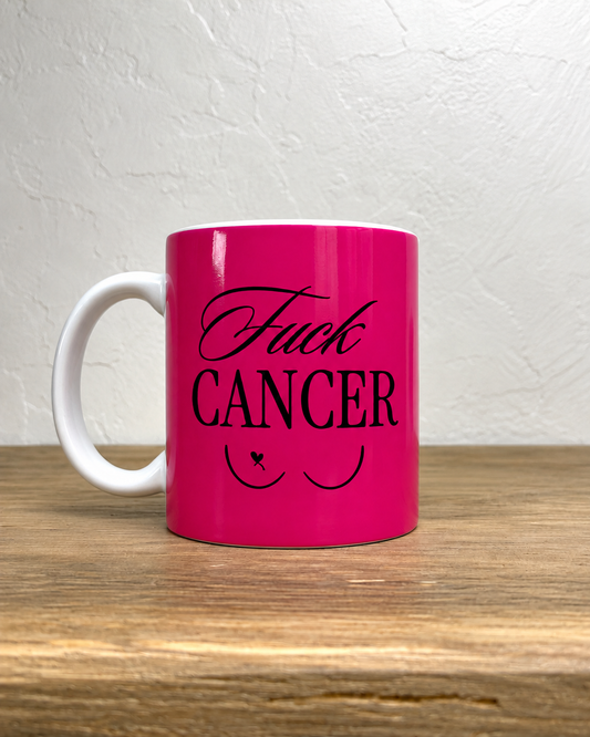 Mug en céramique 330ml, Fuck Cancer – Octobre Rose – face avant, anse à gauche