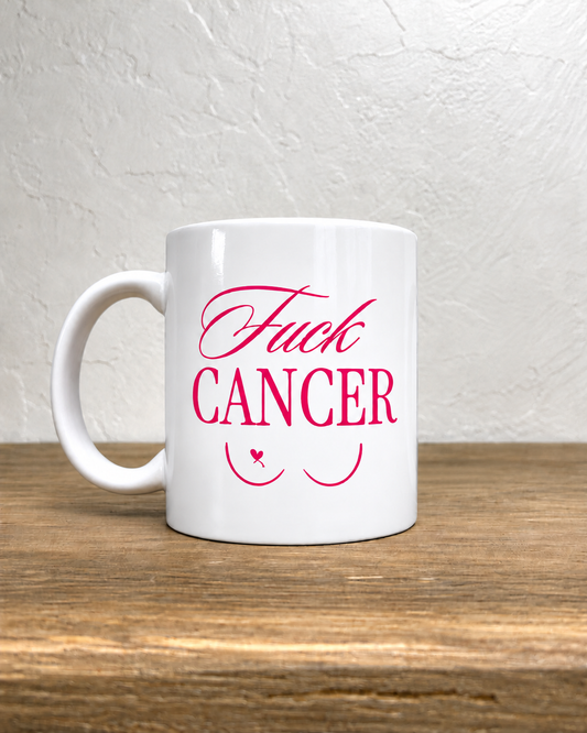 Mug en céramique 330ml, Fuck Cancer blanc et rose – Octobre Rose – face avant, anse à gauche