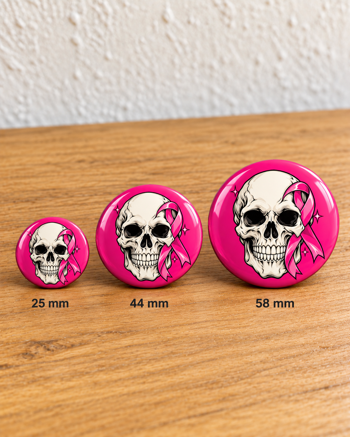 Crâne et ruban – rose — comparaison 25 mm, 44 mm et 58 mm