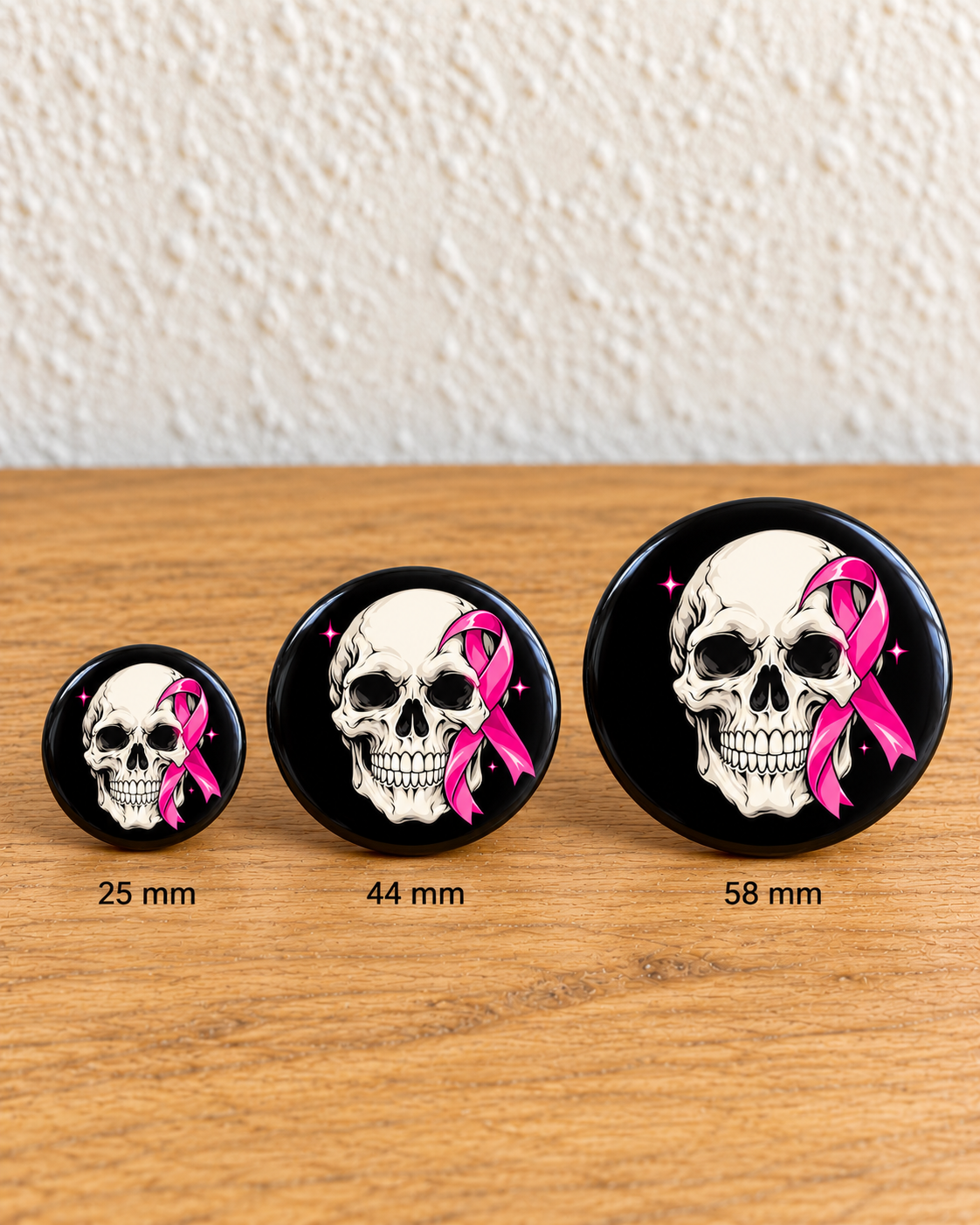 Crâne et ruban – noir — comparaison 25 mm, 44 mm et 58 mm