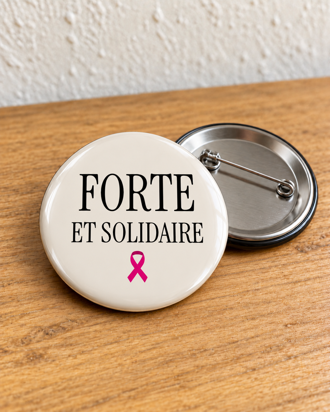 Badge Octobre Rose Forte et solidaire – crème avec épingle au dos