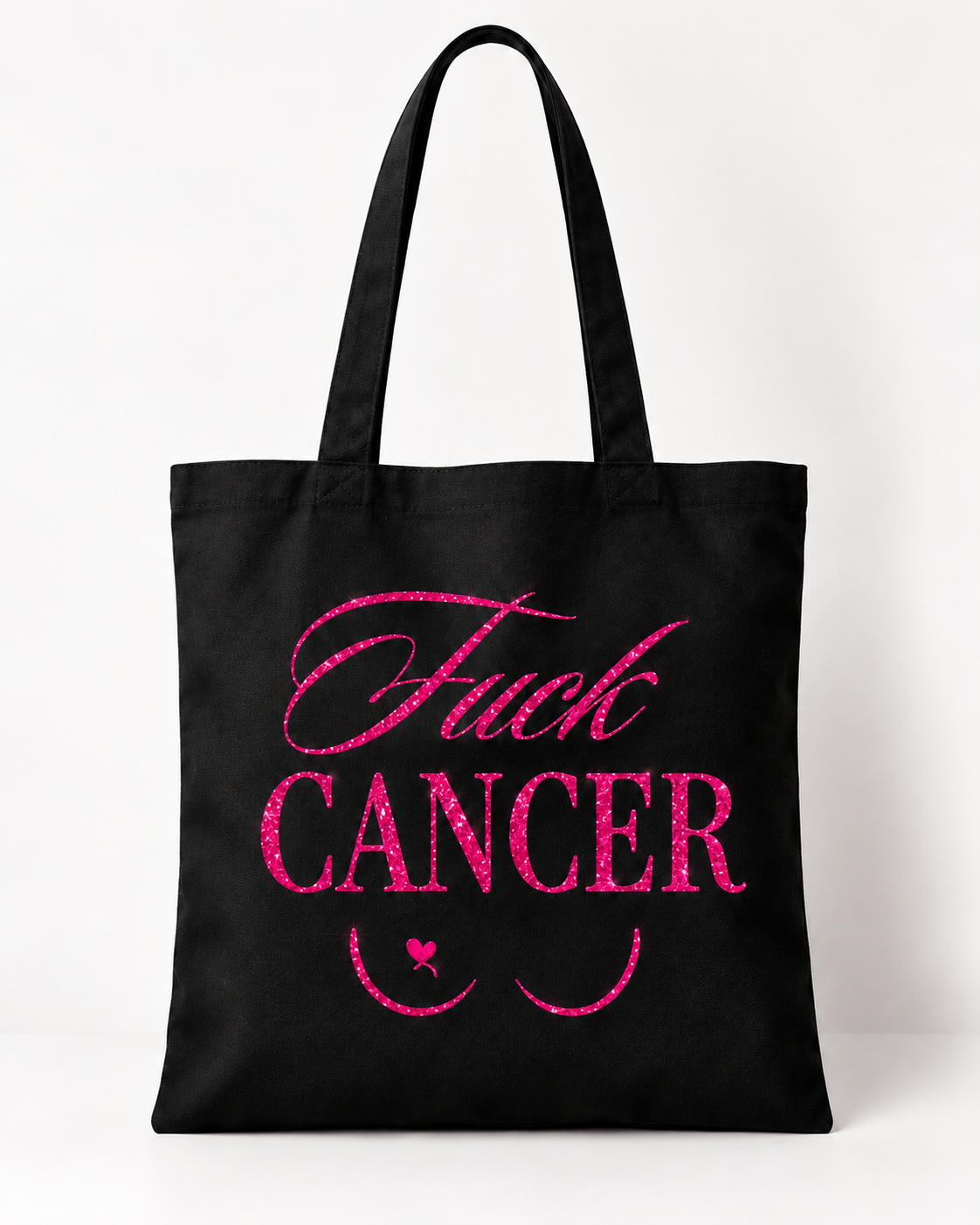 Tote bag noir Fuck Cancer avec flocage fuchsia pailleté réaliste